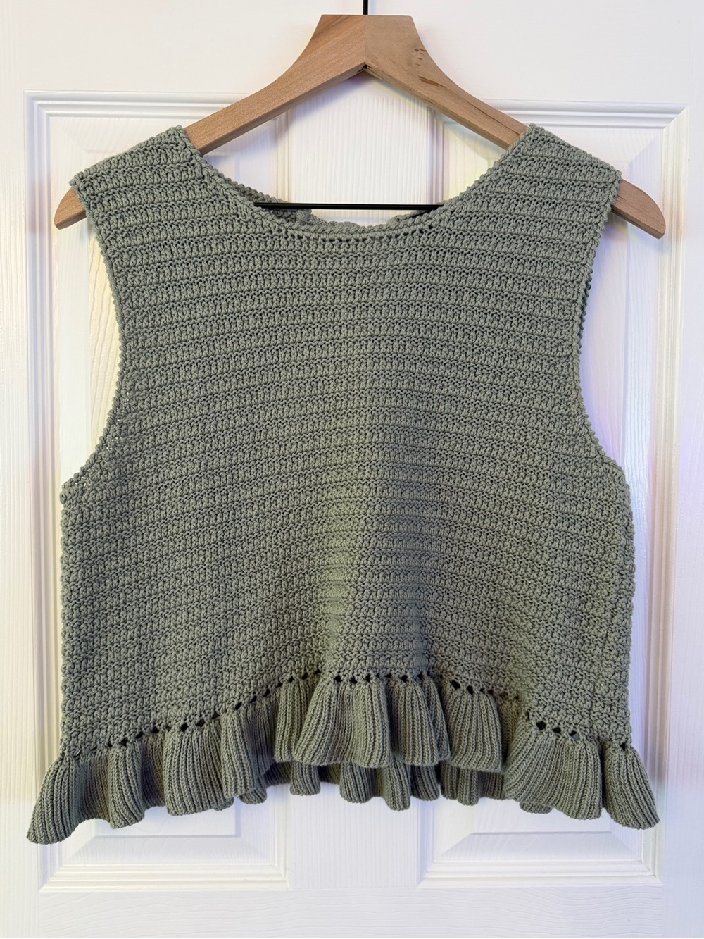 Lulu's Sage Green Crochet Ruffle-Hem Tank